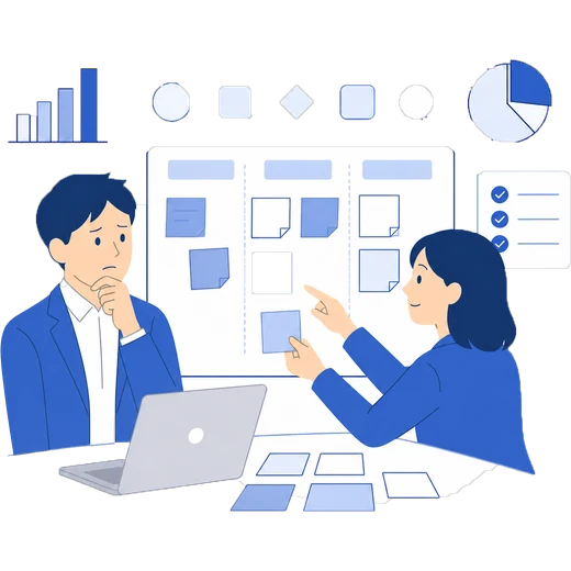 付箋で自社の課題を整理する場面